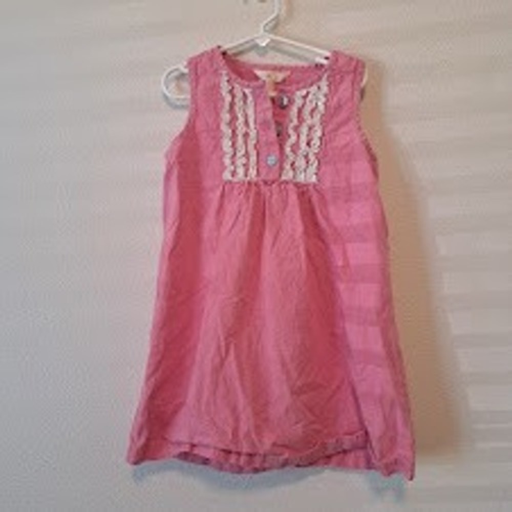 Matilda Jane Girls Pink Sleeveless Ruffle Bib Dress Size 8 Flower Buttons